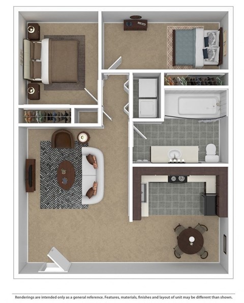Floor plan for 2 beds, 1 bath, 836 sqft
